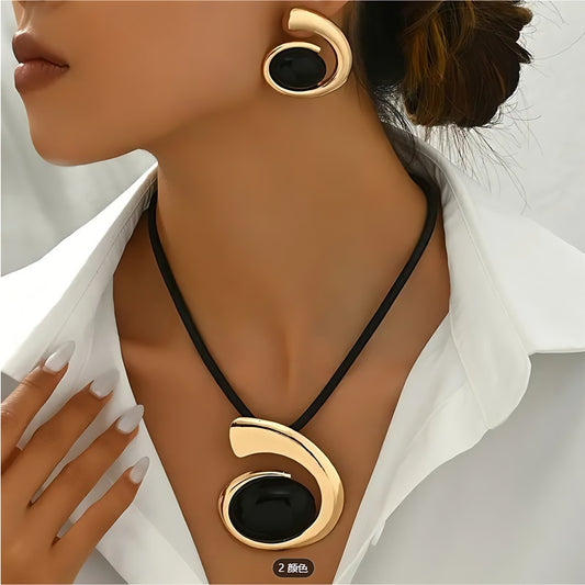 1 Set Of 3 Pieces, Creative Exaggerated Geometric Black Pendant Necklace Earring Set