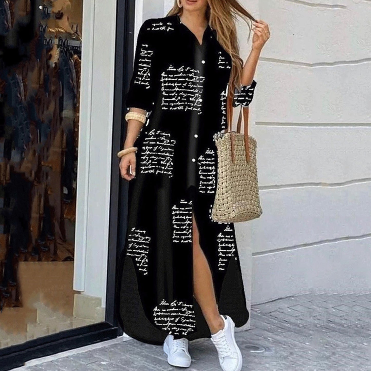 Spring And Summer Print Shirt Long Dress