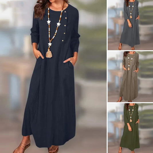 Spring And Summer Plain Long Sleeve Weave Vintage Long Dress