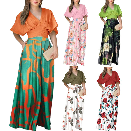 Women's Summer Short-sleeved Top And Pocket Trousers Printed Two-piece Suit