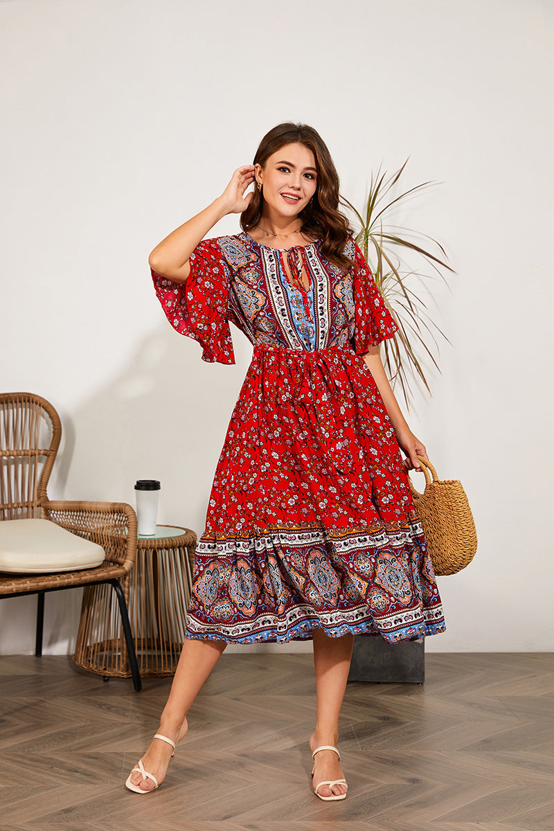 Women Dresses Summer V Neck Print Beach Dress