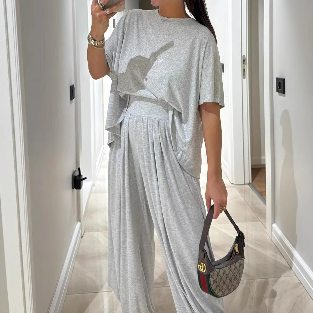 Casual Solid Color Loose Comfortable Wide-leg Pants Two-piece Women's Clothing