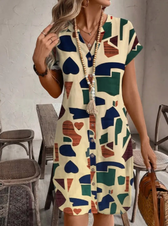 Women'S Summer Geometric Print V-Neck Dress With Buttons