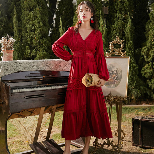 V-Neck High-Waisted Long-Sleeved Lace Dress