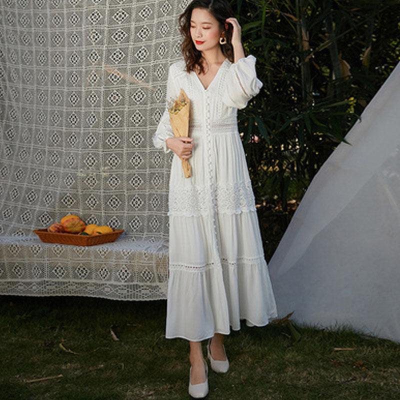 V-Neck High-Waisted Long-Sleeved Lace Dress