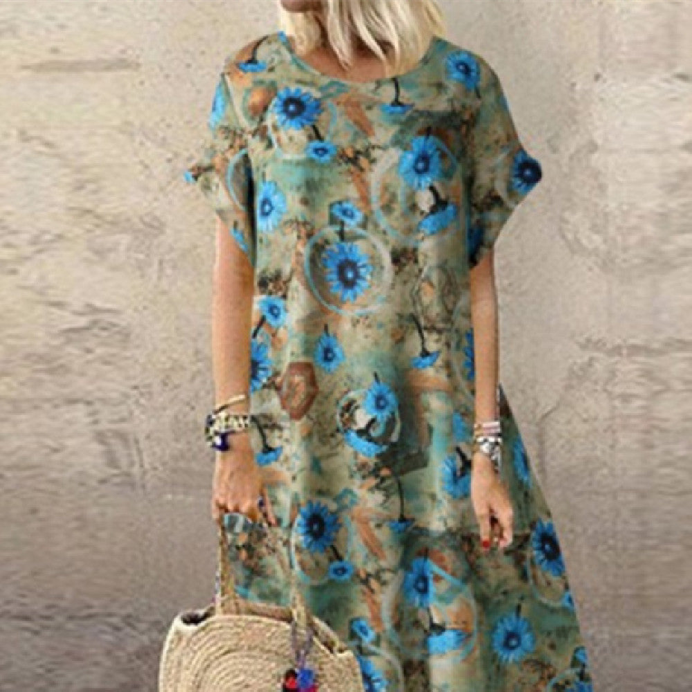 Summer Round Neck Cotton And Linen Short Sleeve Printed Long Dress Women