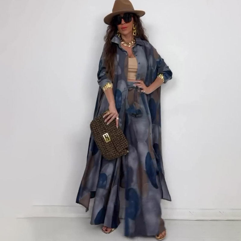 Elegant Sexy Fashion Print Top Wide Leg Pants Two-piece Set