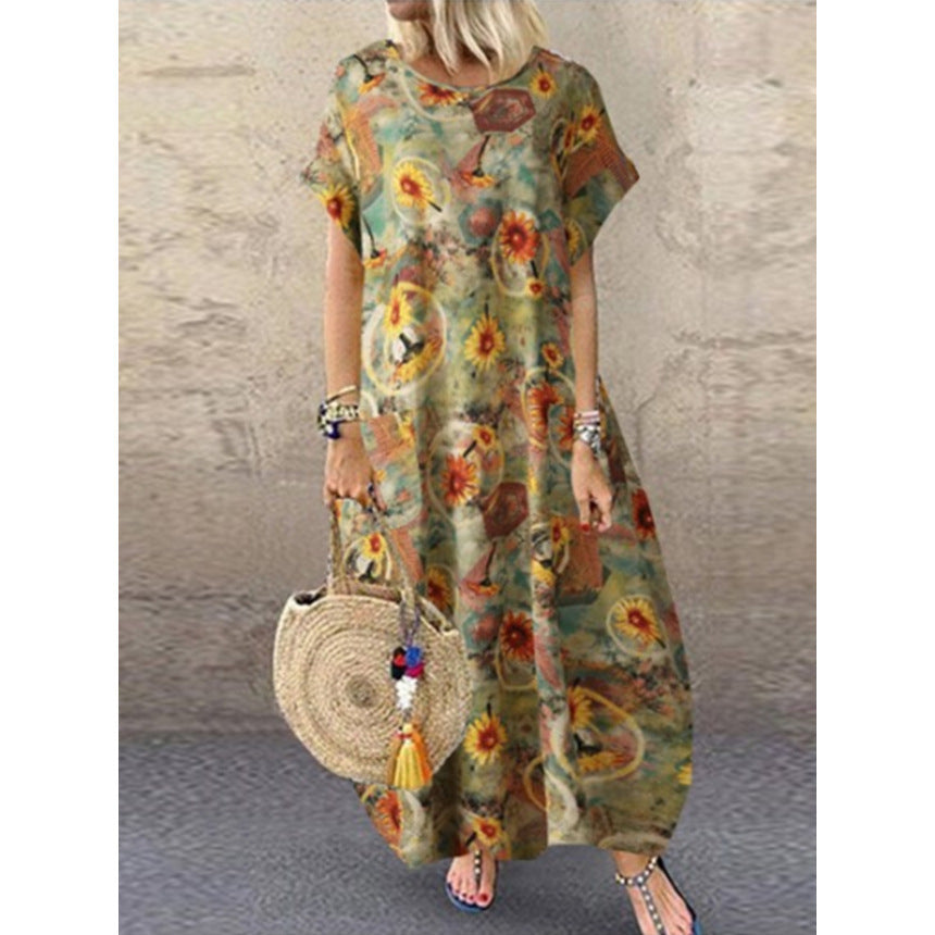 Summer Round Neck Cotton And Linen Short Sleeve Printed Long Dress Women