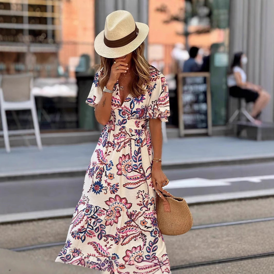 V-neck Waist Trimming Printing Ruffled Short Sleeves Dress