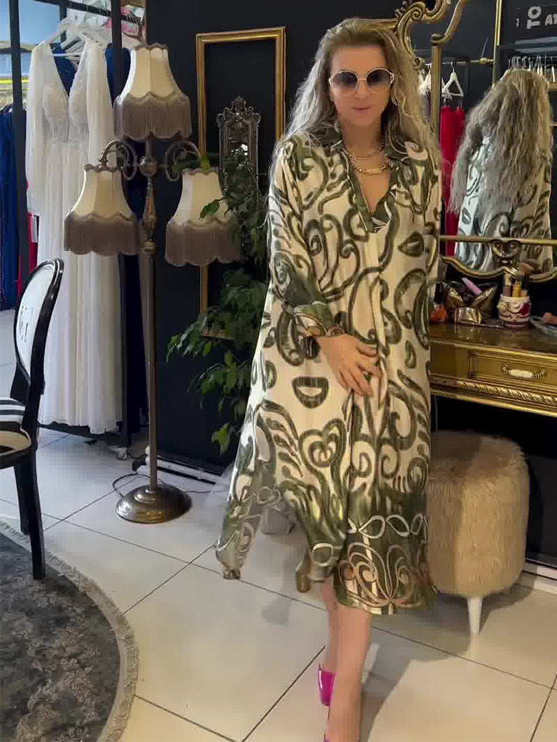 Summer New U-neck Printed Long Sleeve Dress