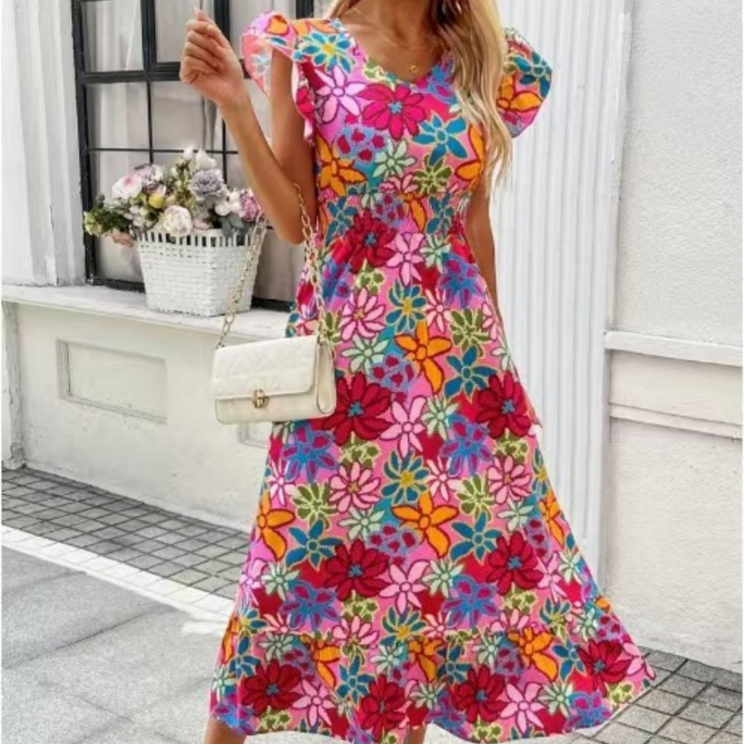 European And American Summer Seaside Vacation Style Fashion Floral Print Sleeveless Dress