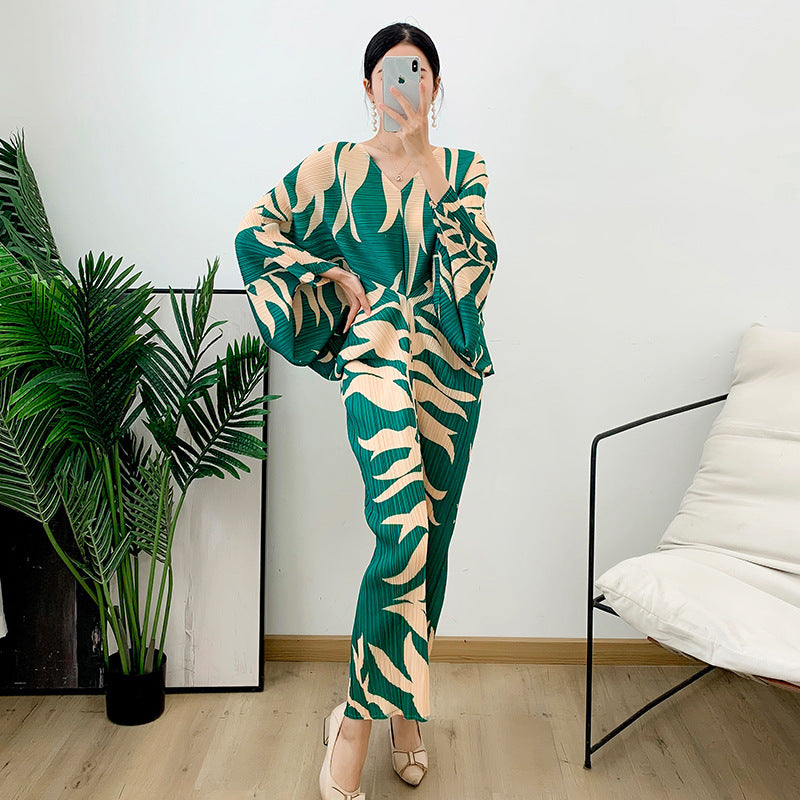 Pleated Loose V-neck Summer Print Dress