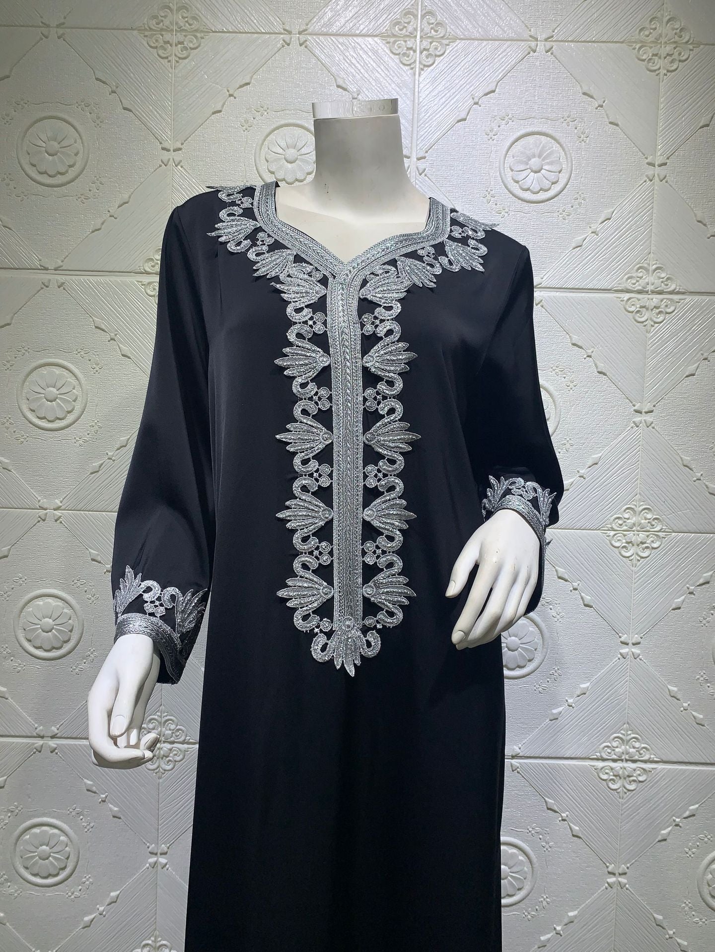 Middle East Dubai Embroidery Bronzing Lace Jalabiya Dress