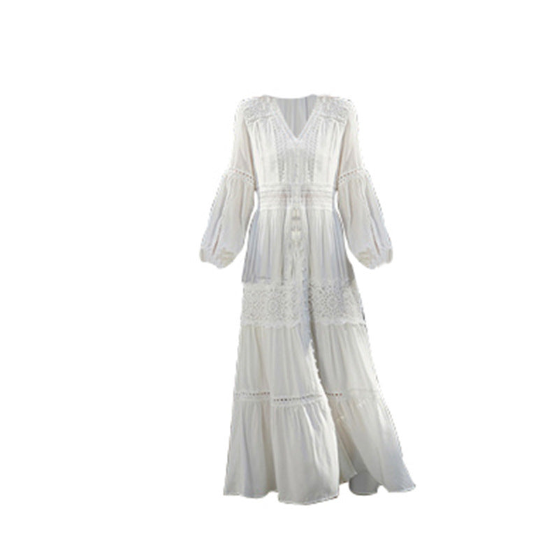 V-Neck High-Waisted Long-Sleeved Lace Dress