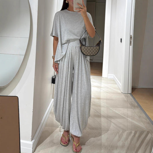 Casual Solid Color Loose Comfortable Wide-leg Pants Two-piece Women's Clothing