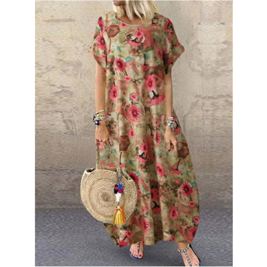 Summer Round Neck Cotton And Linen Short Sleeve Printed Long Dress Women