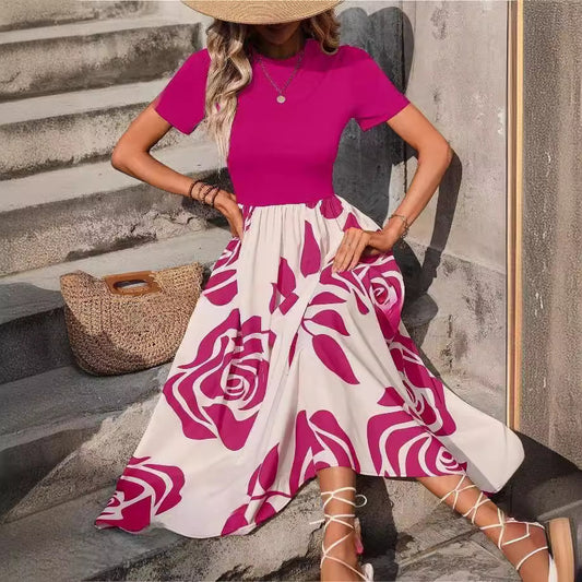 Spring Summer New Short Sleeves Slimming High Waist Dress