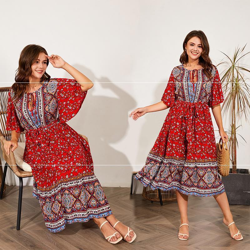 Women Dresses Summer V Neck Print Beach Dress