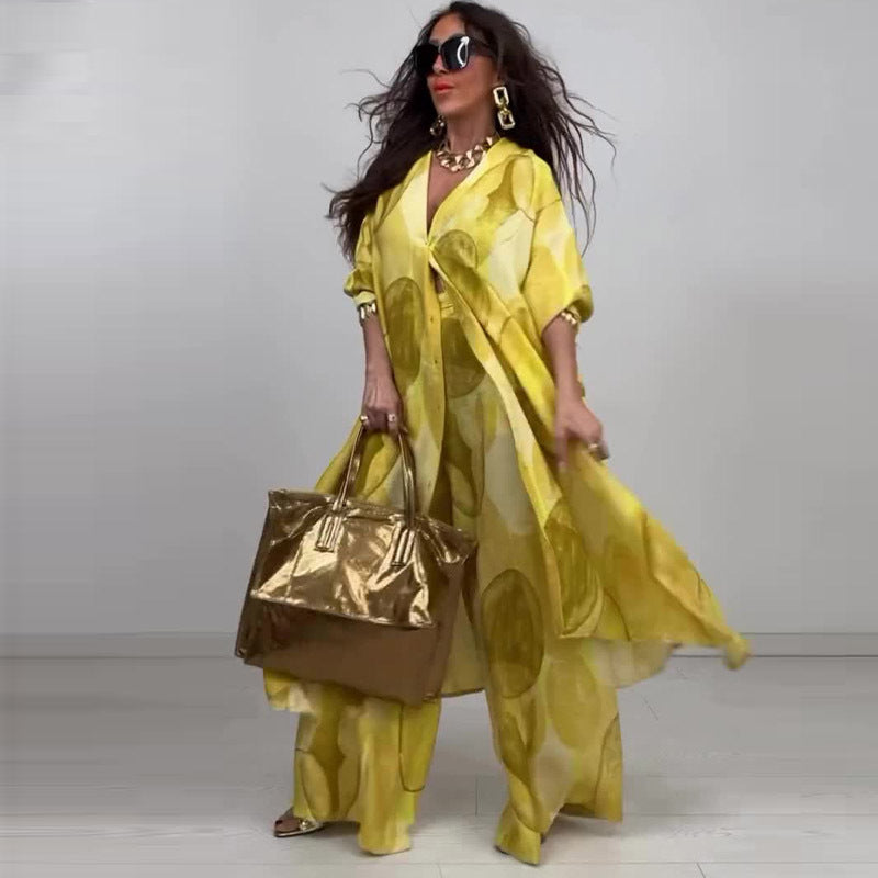 Elegant Sexy Fashion Print Top Wide Leg Pants Two-piece Set