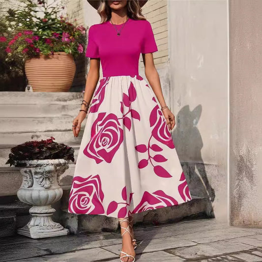 Spring Summer New Short Sleeves Slimming High Waist Dress