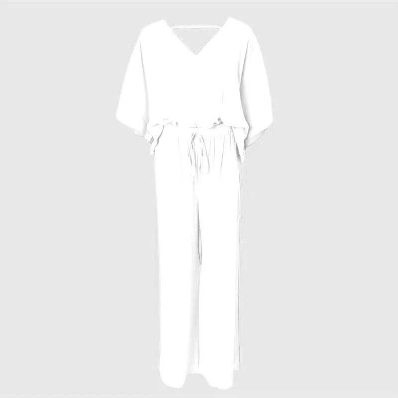 Women's 2 Piece Outfit, Casual Solid Color V-Neck Half Sleeve Top And Wide Leg Pants Lounge Set