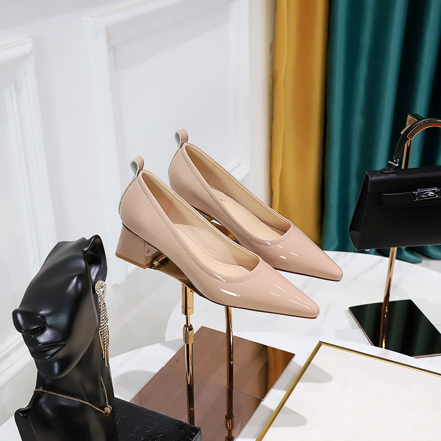 Thick Heel Medium Heel Patent Leather Shallow Mouth