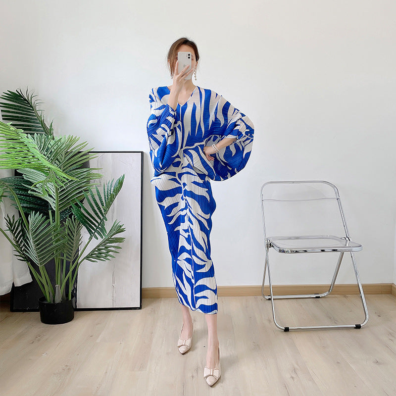 Pleated Loose V-neck Summer Print Dress