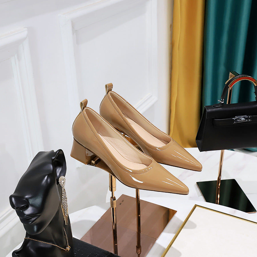 Thick Heel Medium Heel Patent Leather Shallow Mouth