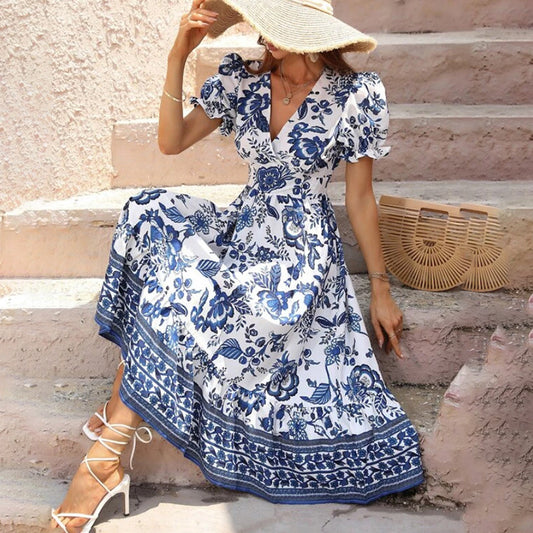 Women Floral Maxi Dress Short Puff Sleeve V Neck Bohemian Flowy Smocked Long Dress