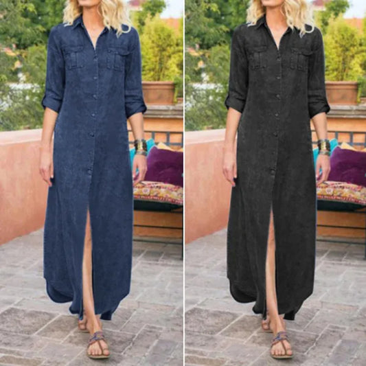 Summer New Women's Loose Solid Color Casual Single-breasted Denim Dress