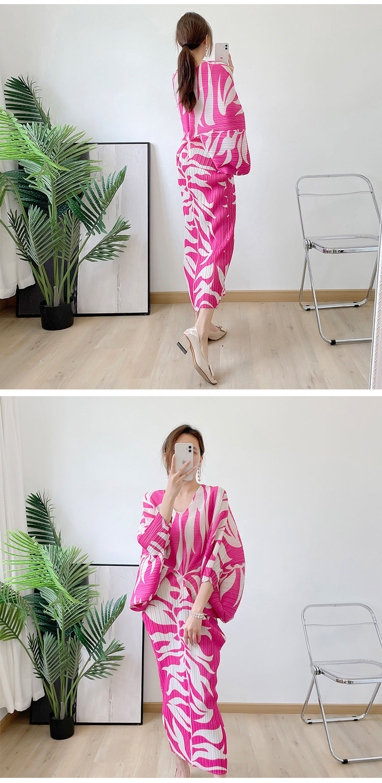 Pleated Loose V-neck Summer Print Dress