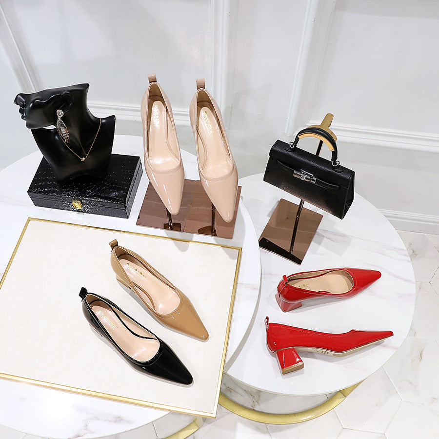 Thick Heel Medium Heel Patent Leather Shallow Mouth