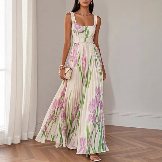 Sleeveless Formal Pleated Printed Dress