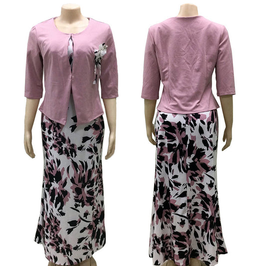 Fashion Print Small Blazer Long Dress Two Piece Women