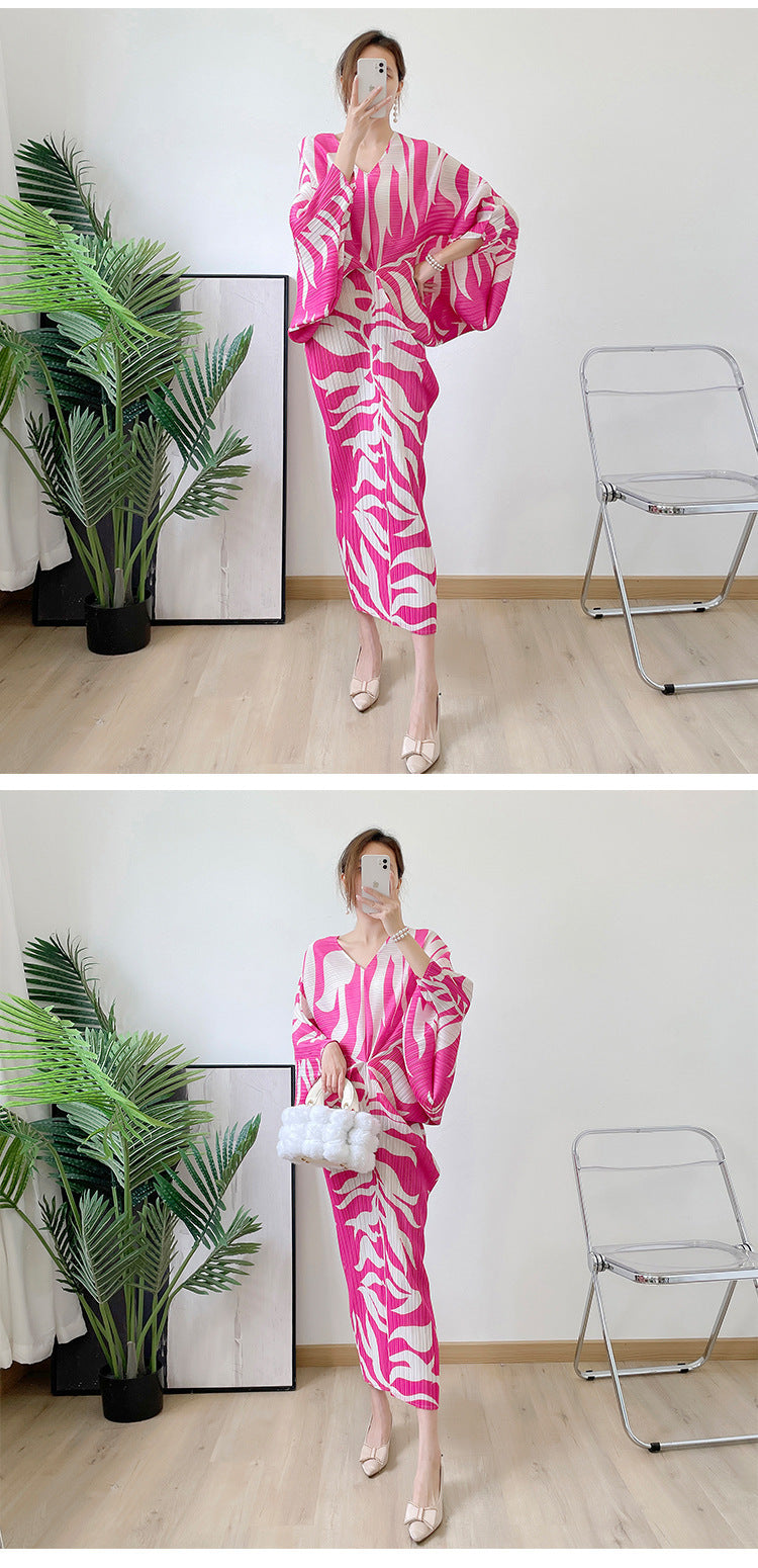 Pleated Loose V-neck Summer Print Dress