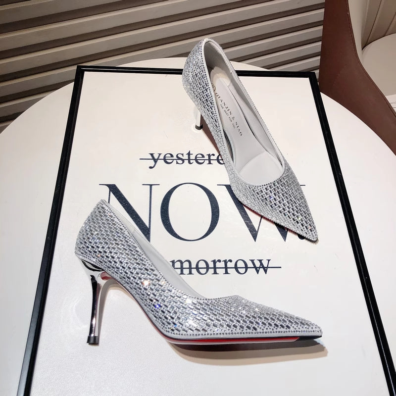 Pointed Stiletto Heel Silver High Heel Banquet Wedding Shoes