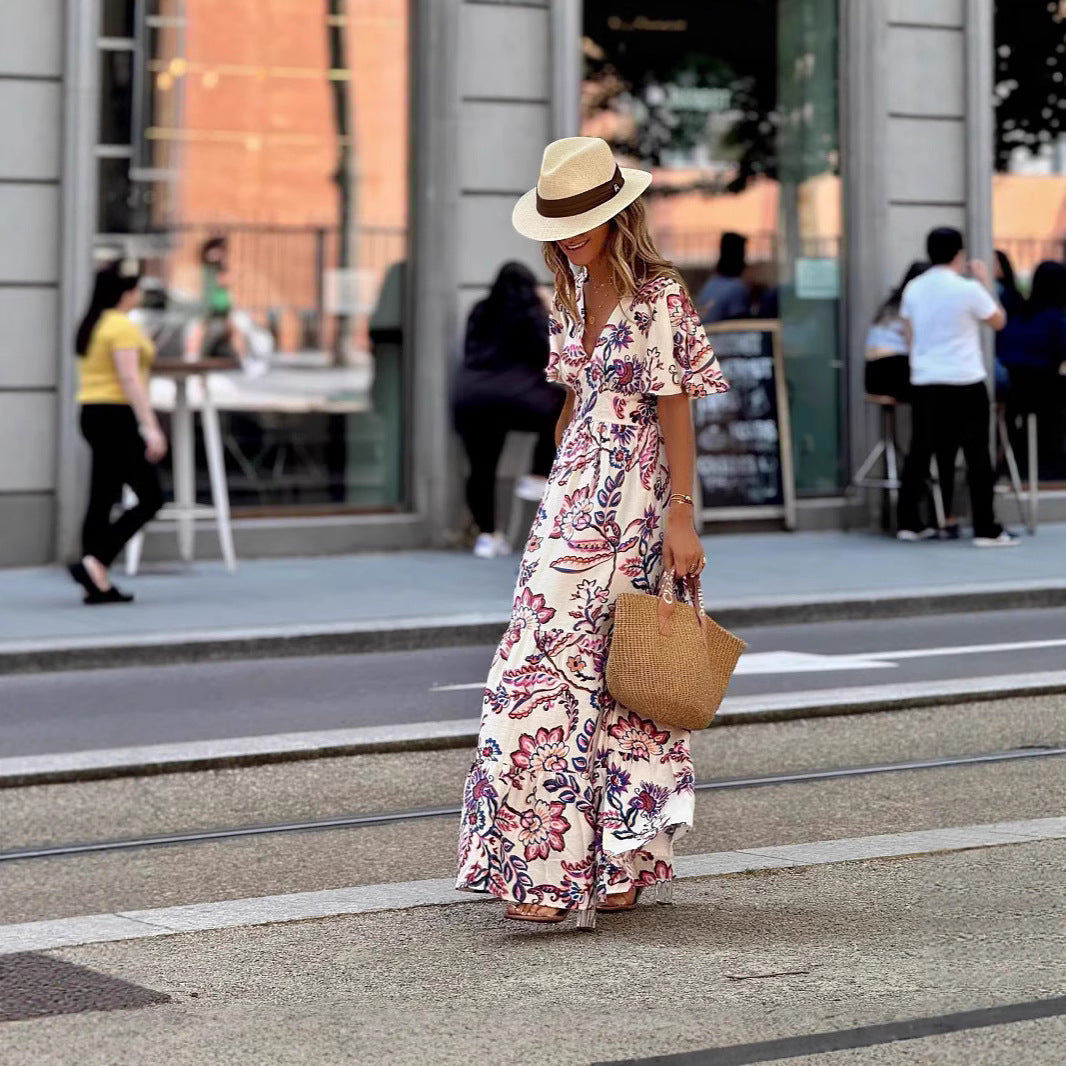 V-neck Waist Trimming Printing Ruffled Short Sleeves Dress