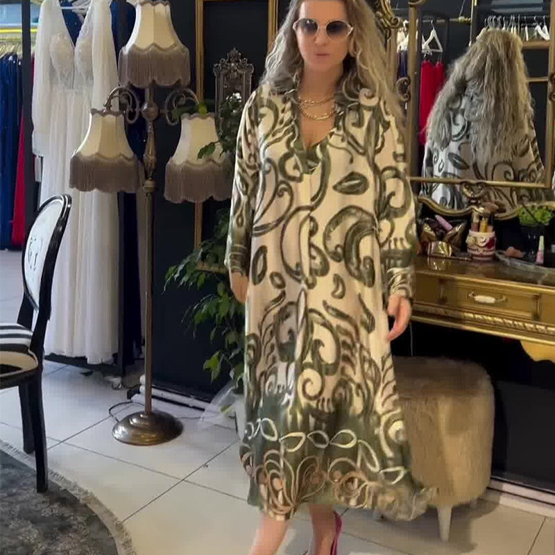 Summer New U-neck Printed Long Sleeve Dress