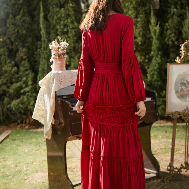 V-Neck High-Waisted Long-Sleeved Lace Dress