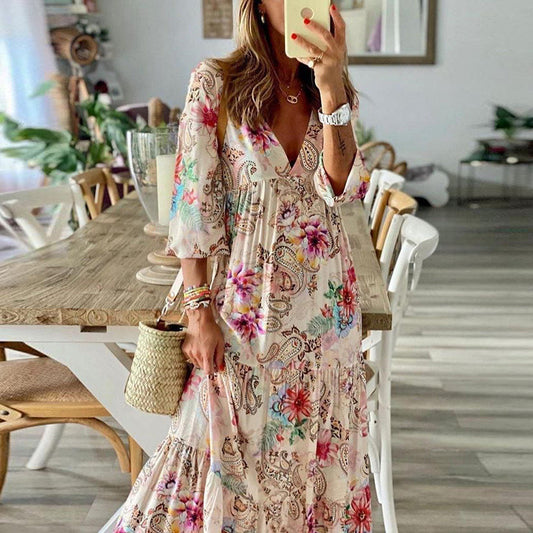 Summer Women's V-neck Butterfly Print Dress Long Dress