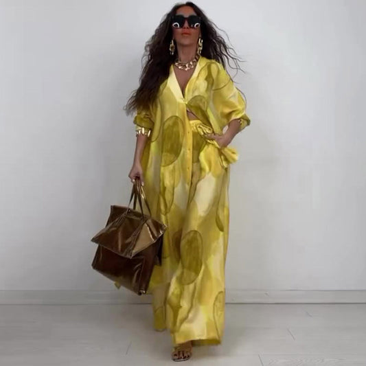 Elegant Sexy Fashion Print Top Wide Leg Pants Two-piece Set