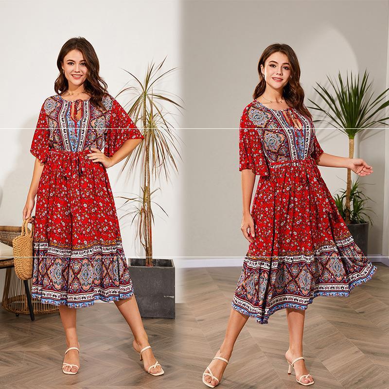 Women Dresses Summer V Neck Print Beach Dress