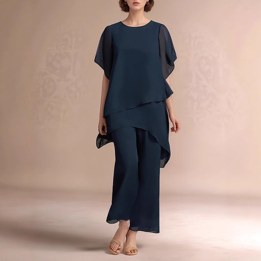 Women's Solid Color Asymmetrical Hem Round Neck Chiffon Top Paired With Straight Leg Pants Set