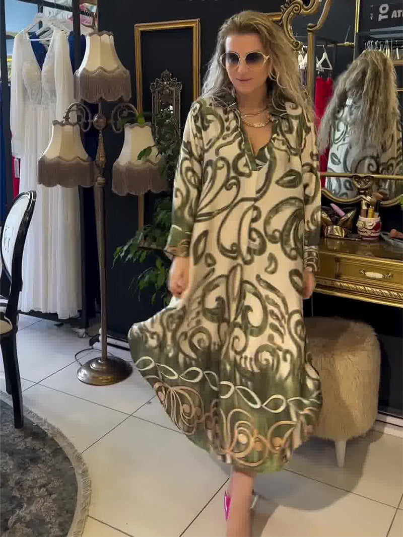 Summer New U-neck Printed Long Sleeve Dress