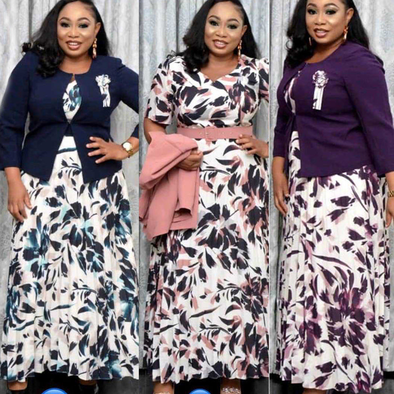 Fashion Print Small Blazer Long Dress Two Piece Women