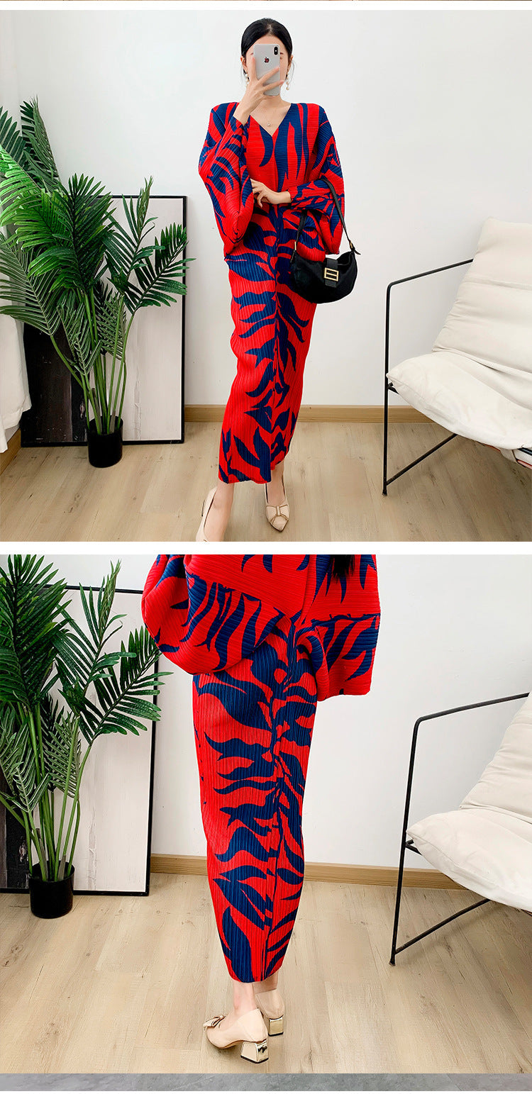 Pleated Loose V-neck Summer Print Dress
