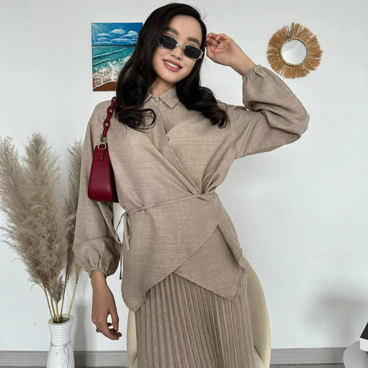 New Women's Muslim Style Elegant Fashion Pleated Skirt Tied Top
