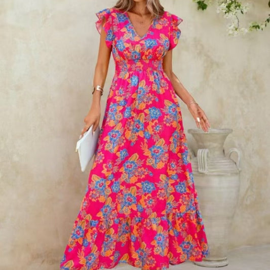 European And American Summer Seaside Vacation Style Fashion Floral Print Sleeveless Dress