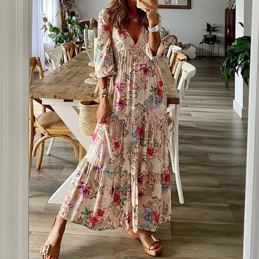 Summer Women's V-neck Butterfly Print Dress Long Dress