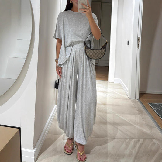 Casual Solid Color Loose Comfortable Wide-leg Pants Two-piece Women's Clothing